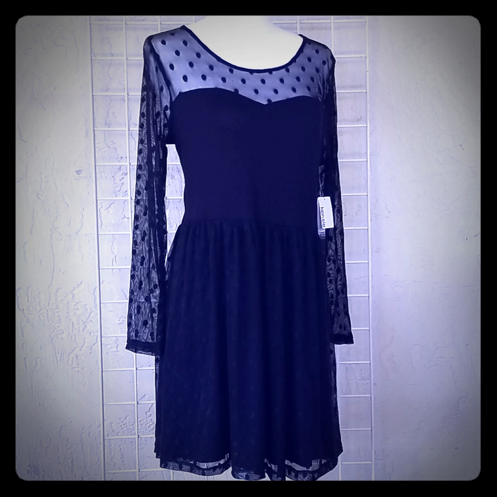 Kensie Black Mesh Fit and Flare Dress NWT Size L